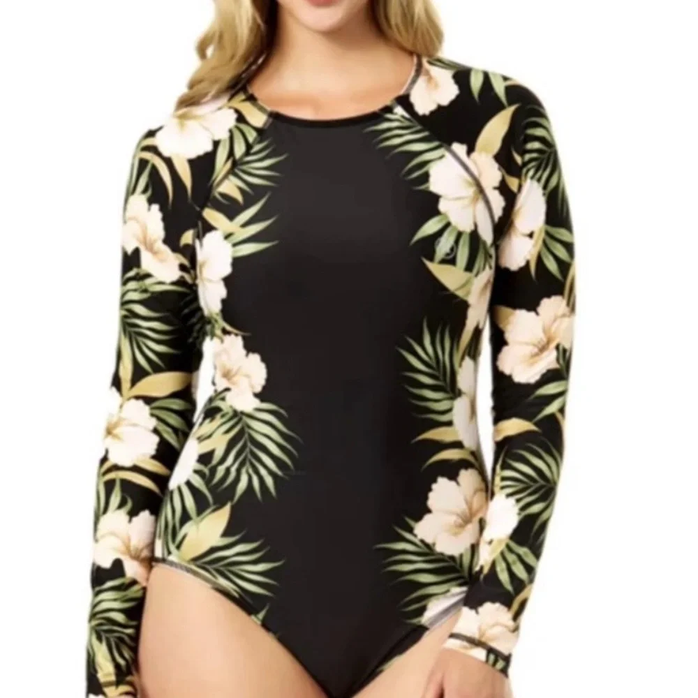Hurley Black Floral Long Sleeve Rash Guard Swimsuit
